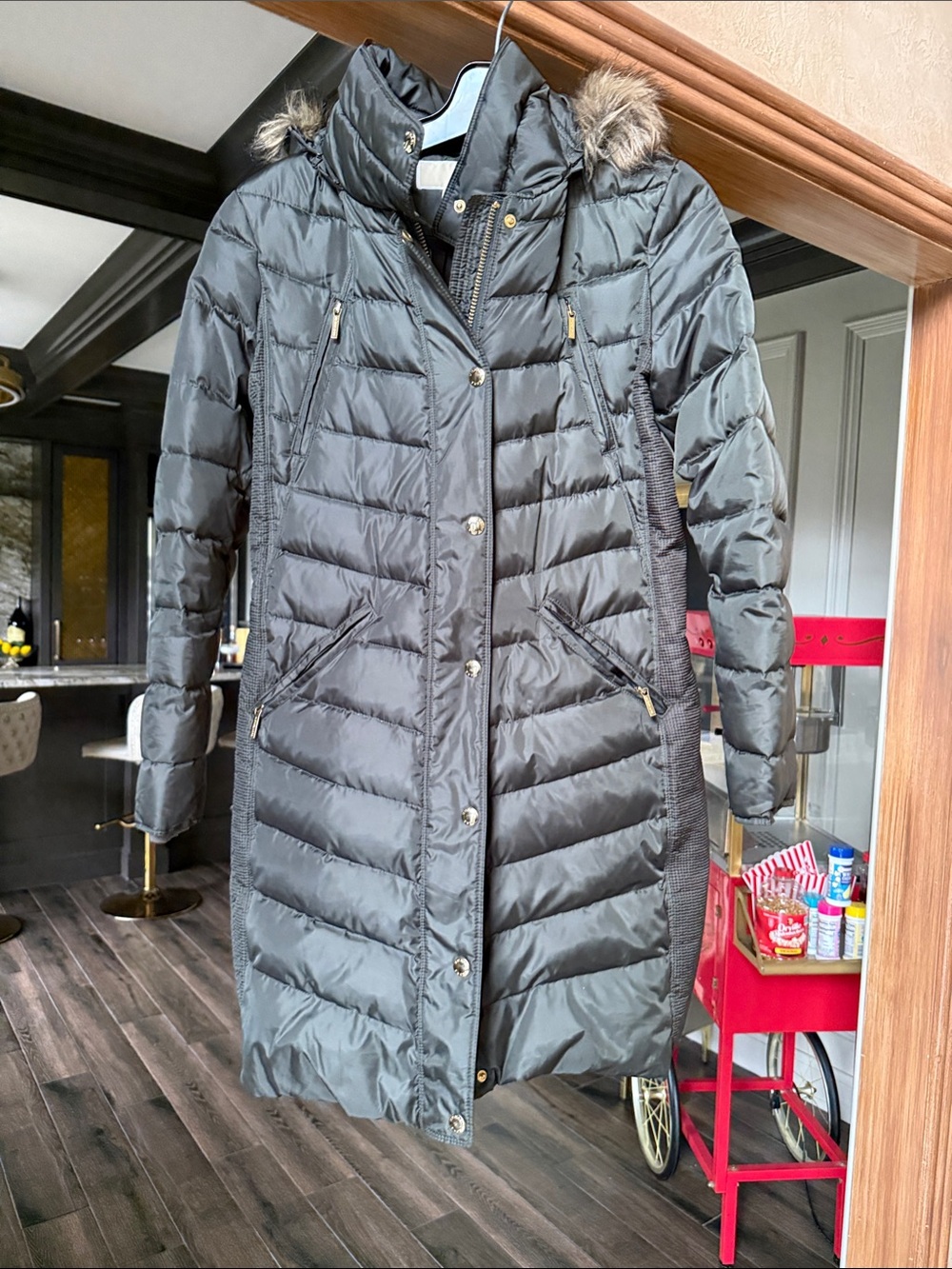 Michael Kors Black Quilted Long Puffer Coat with Faux Fur-Trim Hood